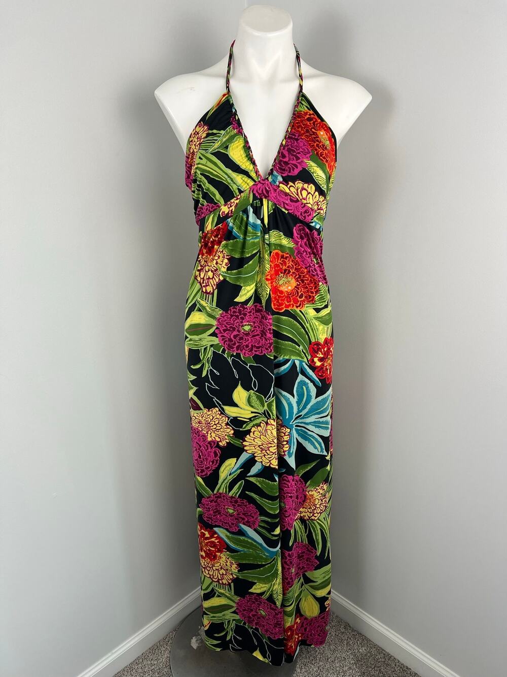 Sunny Girl Floral Tropical Halter Stretch Sundress 12 Beach Vacation Resort